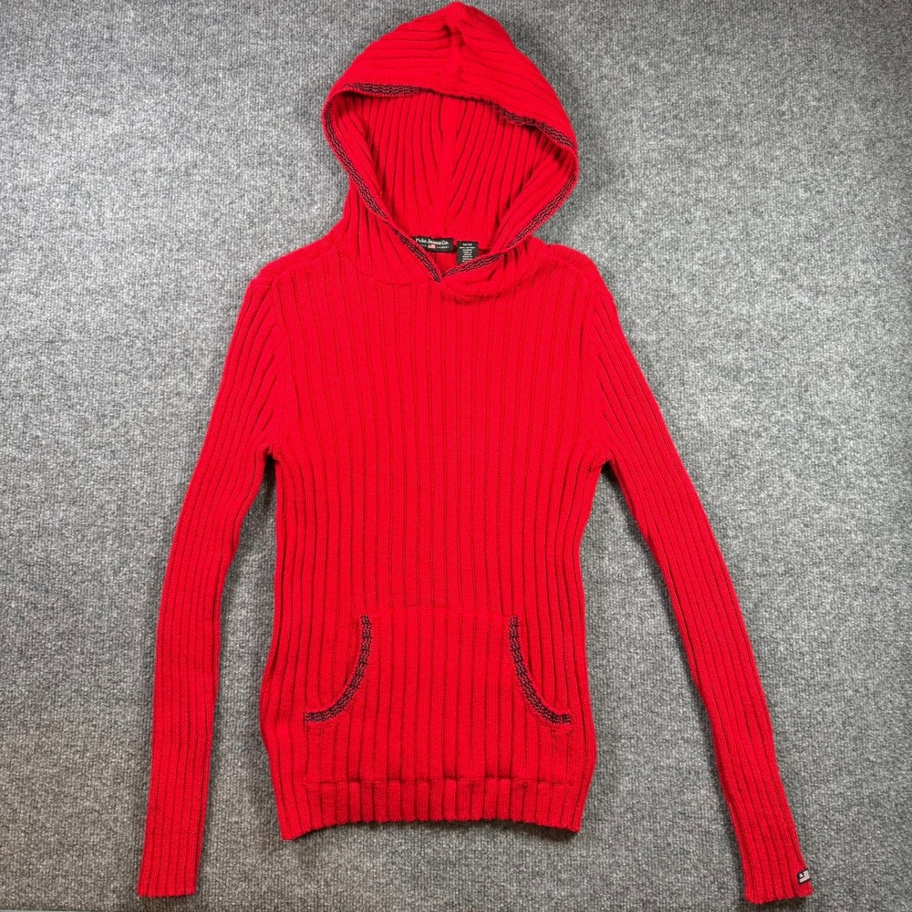 Polo Jeans Co Ralph Lauren Hoodie Women M VTG Red Ribbed Cotton Sweater RL Flag